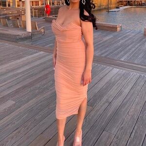 Oh Polly Strapless Ruched Midi Dress in Peach